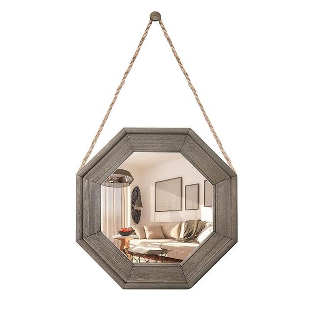 Honiway Wall Mirror for Decor Stereoscopic Decorative Mirrors for Wall with Rustic Wood Frame for Hanging or Wall Mount 12.9 inch Weathered Grey