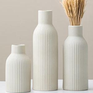 Modern Ceramic Vases Set of 3, White Ribbed Decorative Vases, Table Centerpiece for Home Decor (Beige)