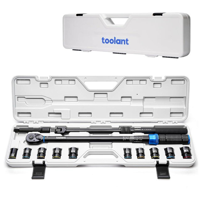 toolant 13PCS 1/2 Inch Click Torque Wrench Set, Gift for Men, 25-250 FT.-LB/33.9-339.0 Nm, With Breaker Bar & 5-Inch-Extension & 10 Sockets, Tire Repair Tool Set