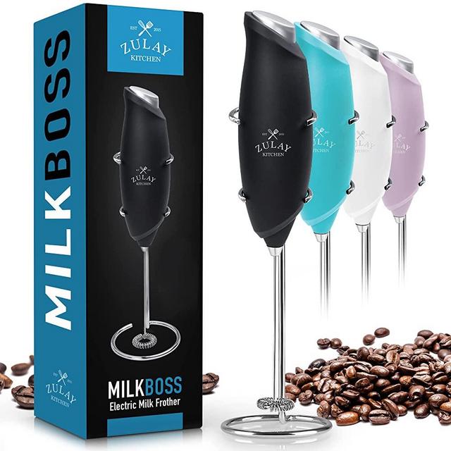 Zulay One Touch Milk Frother Handheld Foam Maker for Lattes - Whisk Drink Mixer for Bulletproof® Coffee Frother, Mini Blender and Milk Foamer Frother for Cappuccino, Frappe, Matcha (Black)