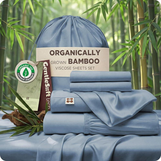 Bedsure 100% Organically Grown Bamboo Viscose King Size Sheets Set | Cooling Bedsheets for Hot Sleepers | Luxury Silky Soft | 18" Deep Pocket with Corner Straps | Oeko-Tex Certified [Mineral Blue]