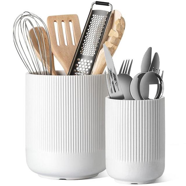 LE TAUCI Utensil Holder, 7.3"+5.4" Ceramic Kitchen Utensil Holder for Countertop, Large Cooking Utensil Crocks for Kitchen Counter, Morden Utensil Organizer Storage Caddy for Cutlery, Set of 2, White