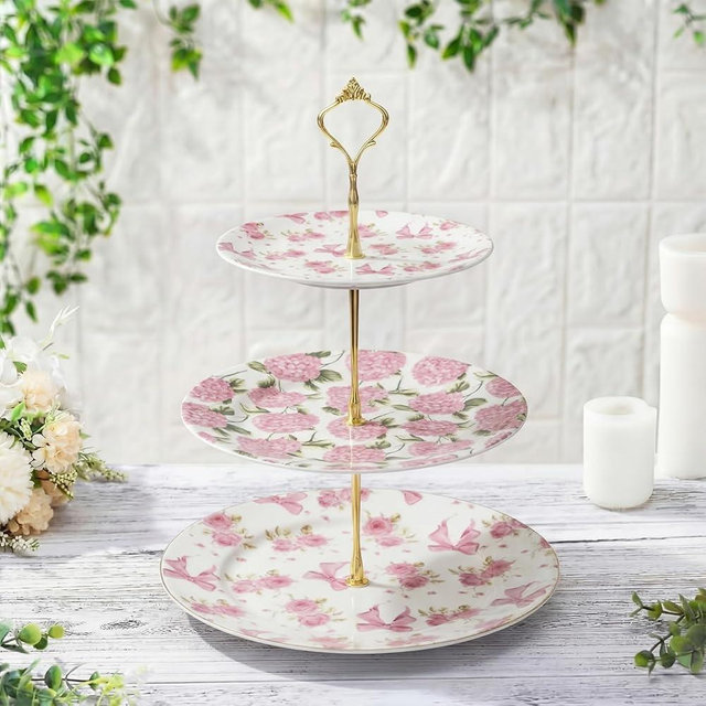 3 Tier Pink Floral Cake Stand Ceramic Coquette Dessert Stand with Gold Metal Rack Shabby Hydrangea Bow Cupcake Tower for Wedding Bridal Shower Baby Shower Birthday Afternoon Tea Party