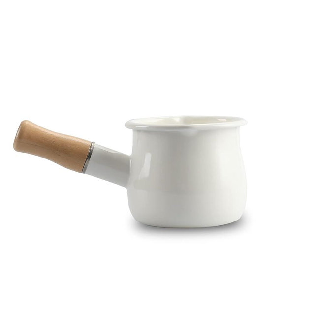 FARCADY 0.6qt Mini Enamel Milk Pot Insulated Wooden Handle 2 Pour Spouts Small Food Warmer Cute Saucepan(D015,White) …