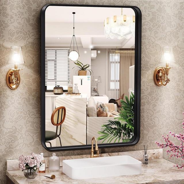Hasipu 24×20 Inch Wall Mirror for Bathroom, Rectangular Black Metal Frame Bathroom Mirrors, Modern Wall Mounted Vanity Mirror for Bathroom (Horizontal/Vertical)