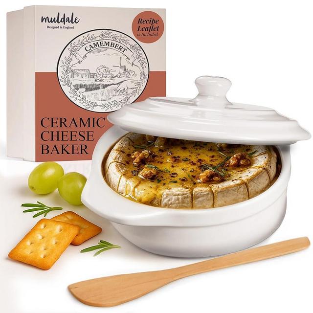 Muldale Brie Baker with Lid and Spreader - Camembert Baker Crock in White - Free from Lead Ceramic Baking Dish - 5.5” - Fits Standard Camembert Wheel
