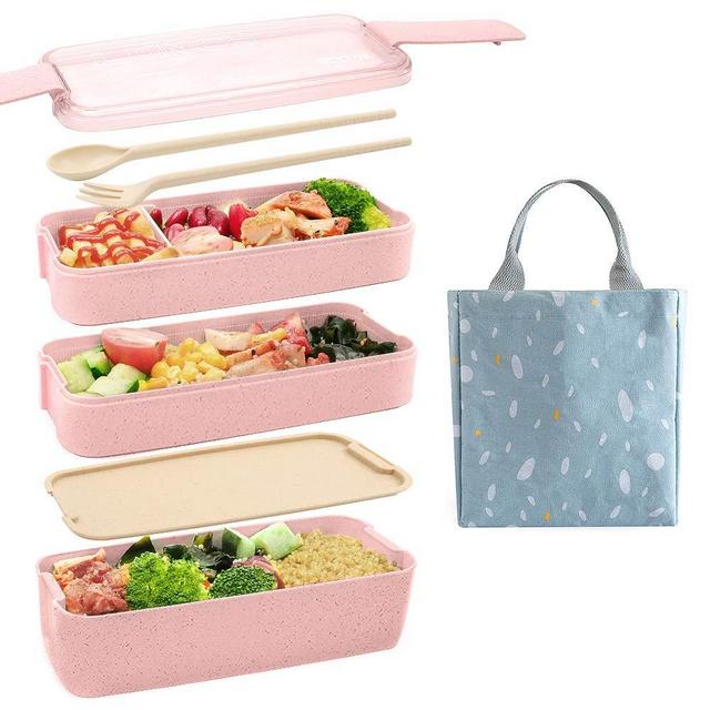 Ozazuco Bento Box for Kids Japanese Lunch Bento Box, 3-In-1 Compartment - Wheat Straw, Leakproof ，Microwave Safety，BPA free Kids Lunch Containers (Pink)