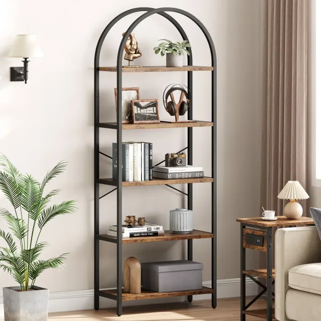 Bookshelf 5 Tier Bookcase Arched Display Racks Tall Standing Bookshelves Metal Frame Modern Storage Rack Shelf Large Wood Book Shelf