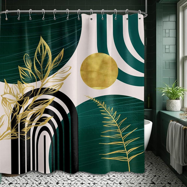 QGHOT Dark Green Shower Curtain Boho Mid Century Modern Emerald Hunter Green and Gold Shower Curtains for Bathroom Decor, Waterproof Cloth Fabric with Hooks, 70" W x 72" L