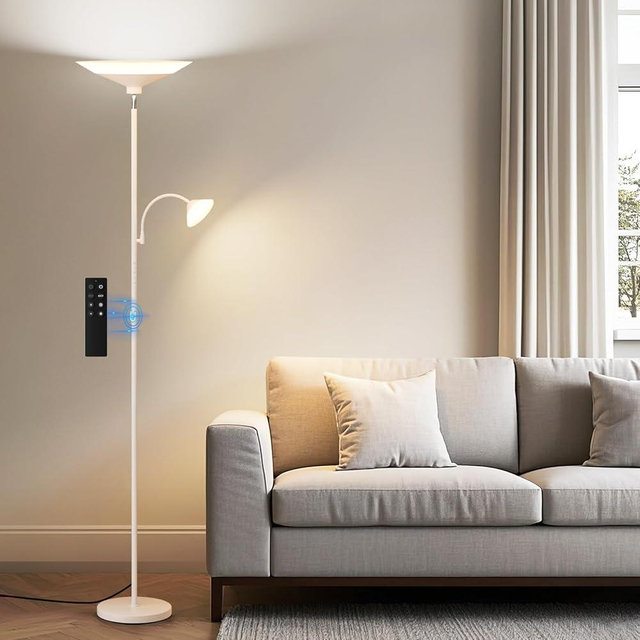SIBRILLE Upgraded 2-Light Torchiere Floor Lamp - 34W Color Changing Standing Lamp with Remote, Rotatable Floor Reading Light, Modern Standing Light with for Living Room Bedroom Office, White
