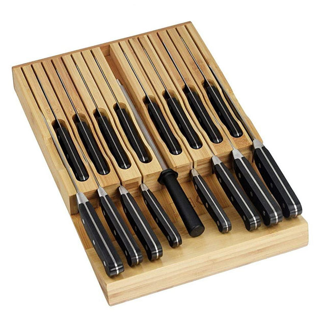 Eltow In-Drawer 16 Knife Block Bamboo Organizer - Drawer Knife Set Storage with Safety Slots for 16 Knives and Knife Sharpener - Cutlery Set Holder Elegantly Crafted from Moso Bamboo