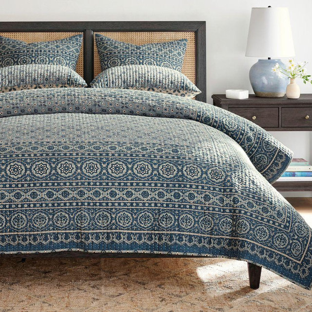 Auden Pick-Stitch Handcrafted Reversible Quilt, Full/Queen, Blue