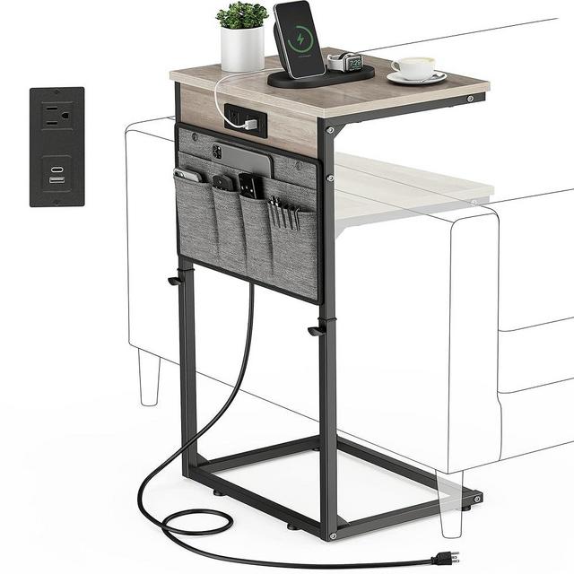 Vagusicc C Shaped End Table with Charging Station, 33" Tall Side Table for Couch, C Table Adjustable Height Small Couch Side Table, Slide Under Sofa Table TV Tray Arm Table for Living Room, Greige