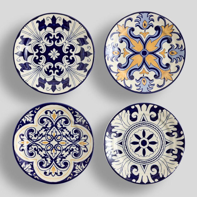 Lisbon Stoneware Salad Plates, Mixed Set of 4 - Blue/White