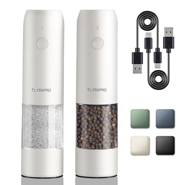 Electric Salt and Pepper Grinder Set, USB Rechargeable, Automatic Salt and Pepper Mill Grinder with Adjustable Coarseness, Electric Salt Shakers, LED Light, Refillable (2 Packs, White)