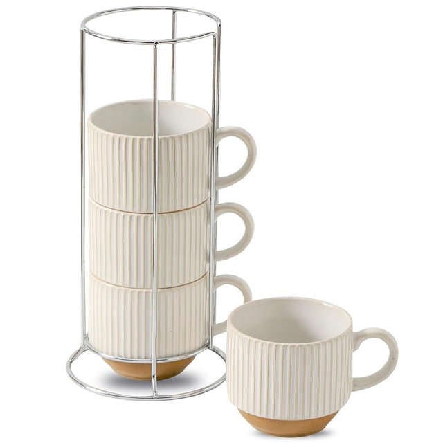 Tikooere Ceramic Coffee Mugs with Stand,15 Oz Stackable Coffee Cups Set of 4 for Latte,Milk,Tea,Gift for Thanksgiving Christmas Housewarming,Dishwasher & Microwave Safe,White Patchwork Color
