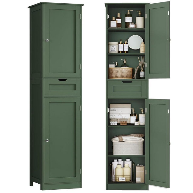 TEENFON Tall Bathroom Cabinet with 2 Doors & 1 Drawer, Narrow Bathroom Storage Cabinet with Adjustable Shelves, for Living Room, Entryway, Kitchen, Forest Green