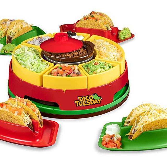 Nostalgia Taco Tuesday Heated Lazy Susan Topping Bar Perfect for Burritos, Nachos, Fajitas, 20-Oz. Warming Pot, Includes 4 Tortilla Holders, Red