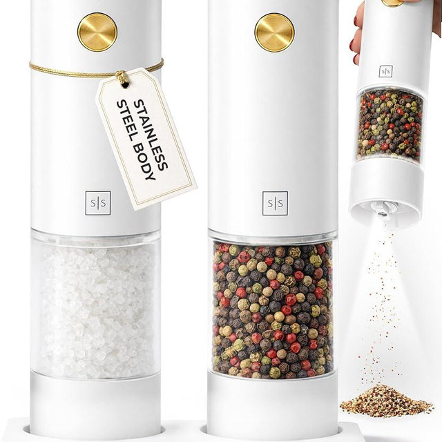 White Electric Salt and Pepper Grinder Set – Automatic Salt and Pepper Grinder Set with USB Rechargeable Design, One Touch Control, Adjustable Coarseness, LED Light, Sleek Stainless Steel Body