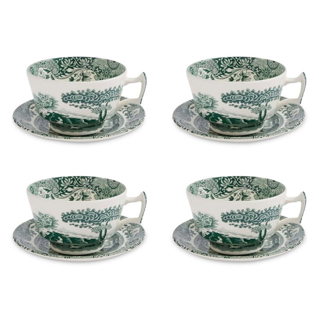 Spode Heritage Green Italian Teacup and Saucer, Set of 4