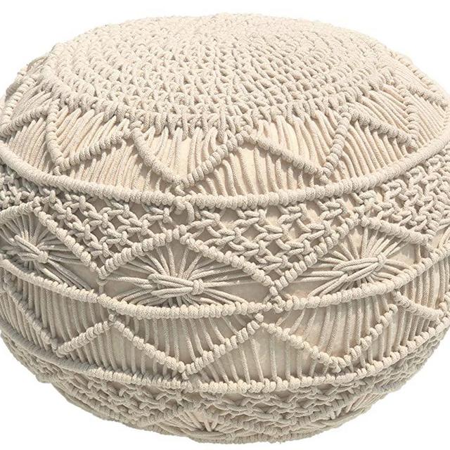 Pouf Ottoman Hand Knitted Cable Style Dori Pouf - Macramé Pouf - Floor Ottoman - 100% Cotton Braid Cord - Handmade & Hand Stitched - Truly one of a Kind Seating - 20 Diameter x 14 Height (Ivory)