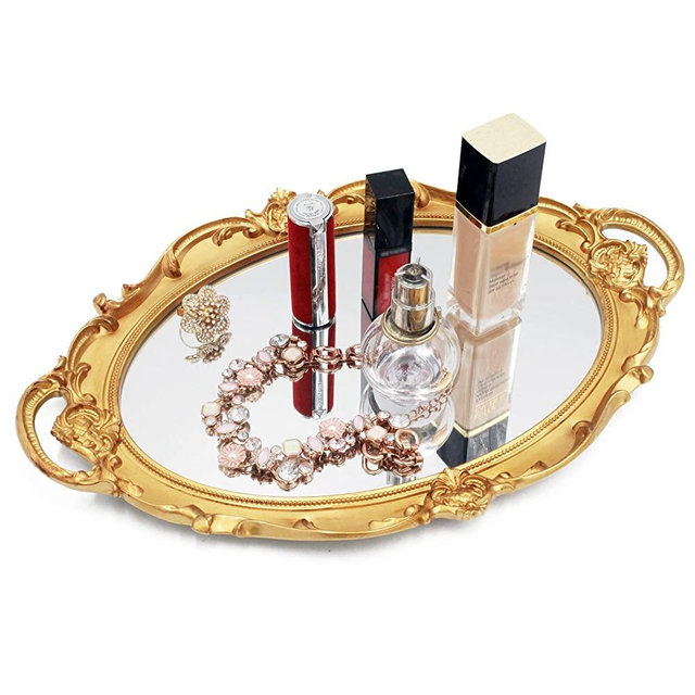 Funerom Vintage 14.5 x 10 inch Decorative Mirror Tray, Makeup Organizer, Jewelry Organizer, Serving Tray ，Oval Antique Gold
