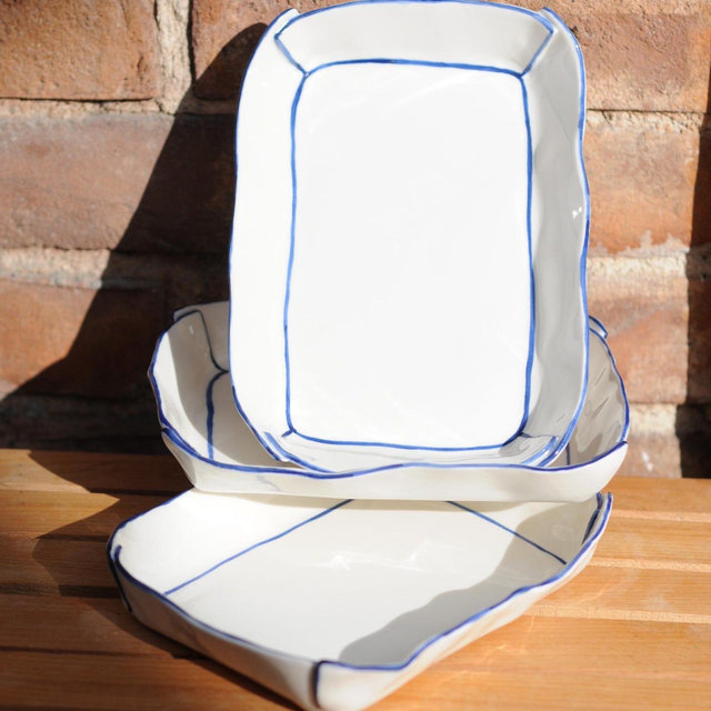 Small Handmade Ceramic Plate Tray with Blue Lines - Kitchen Decor, Handmade Ceramic Dish, Tray for a Touch of Elegance, Gift for Mom