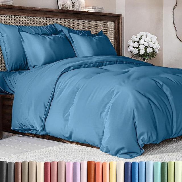 Duvet Cover King Size Set - Extra Soft King Duvet Cover 104" x 90" with 2 Pillow Shams - Hotel Luxury, Easy Care & Fade Free w/ Zipper Closures & Ties - All Season, Comfy and Breathable (Denim Blue)