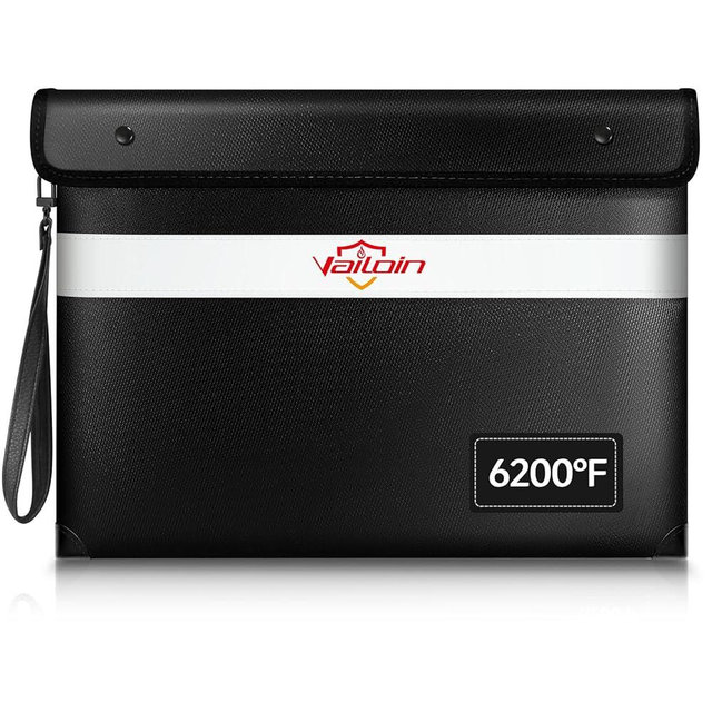 Vailoin Fireproof Document Bag with Waterproof Zipper,6200°F Insulated Fire Water Proof Money Pouch,Fireproof Envelopes for Cash,Fire Proof Bag for Important Documents, Valuables(13.9"x10.6",Black)