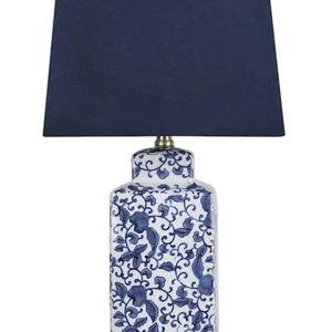 Navy Blue Chinoiserie Ceramic Medium Table Lamp with Navy Blue Shade, 24"