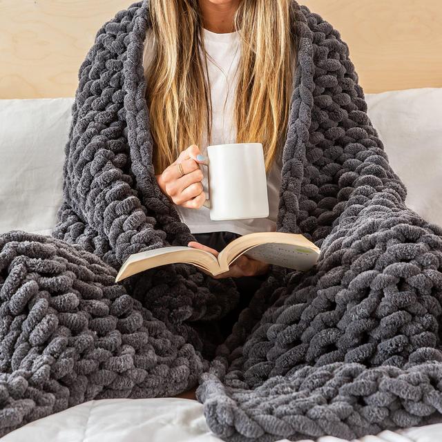 Samiah Luxe Chunky Knit Blanket 50x70; Boho Throw Blanket for Fall Decor; Tight Braided Thick Cable Knit Throw for Sofa or Bed; Graphite Gray Chenille Weighted Blanket 8lbs for Farmhouse Decor