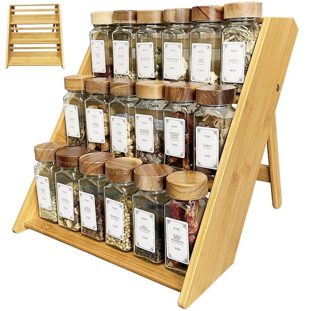 Spice Rack for Cabinet Bamboo Organizer - Foldable, Sturdy Spice Organization for Countertop, 3-Tier Seasoning Organizer for Kitchen Cabinet Drawers and Countertop (No Jars Included) spice cabinet