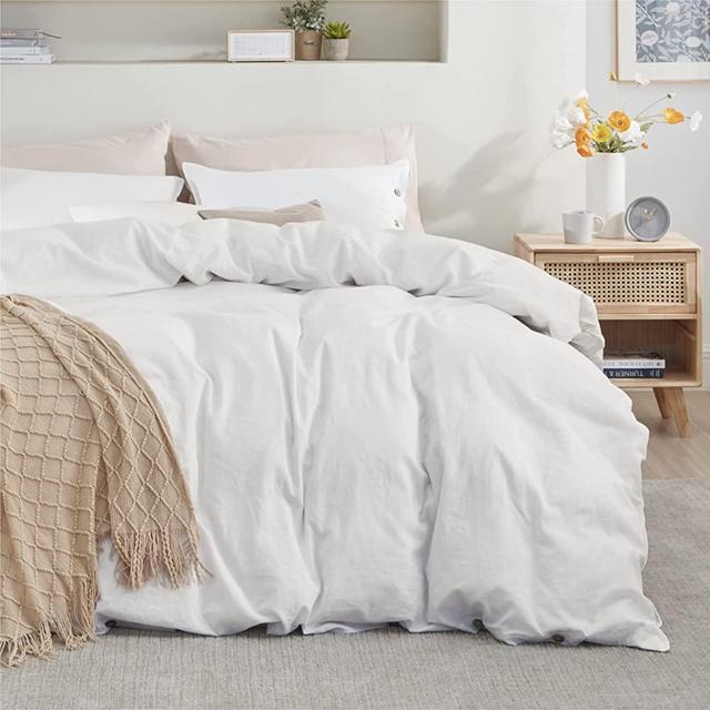 BEDSURE Linen Duvet Cover Queen White Linen Cotton Blend Duvet Cover Set - 3 Pieces Comforter Cover Set (90 x 90 inchs,No Comforter Included)
