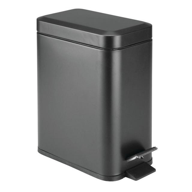 mDesign 1.3 Gallon Rectangular Small Steel Step Trash Can Wastebasket, Garbage Container Bin for Bathroom, Powder Room, Bedroom, Kitchen, Craft Room, Office - Removable Liner Bucket - Black