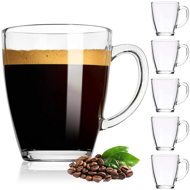 Tempered Glass Coffee Mugs - Set of 6 Transparent Tea Cups - Clear Glass Mugs For Hot Beverages with Handle by Eparé