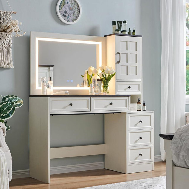 Aitjunz Farmhouse Vanity Desk with Touch Screen LED Mirror, 47" Big Make Up Table with 6 Drawers, Glass Top, Charging Station, Rustic Wood Dressing Table w/3 Color Available, Antique White
