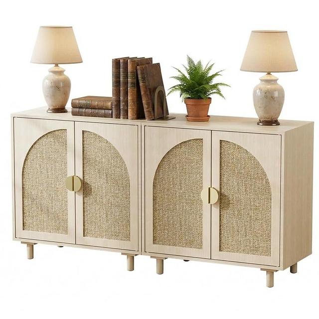 CLLASOU Set of 2 Rattan Sideboard Buffet Cabinet with Storage, Wood Storage Cabinet with Doors and Shelves, Boho Cabinet for Living Room, Kitchen, Entryway (Beige)