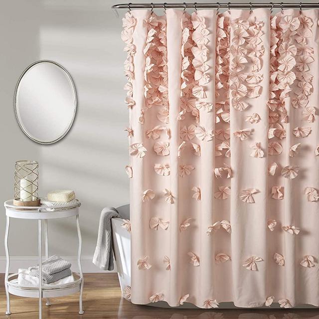 Lush Decor, Blush Riley Shower Curtain | Bow Tie Textured Fabric Vintage Chic Farmhouse Style for Bathroom, x 72, 72" x 72