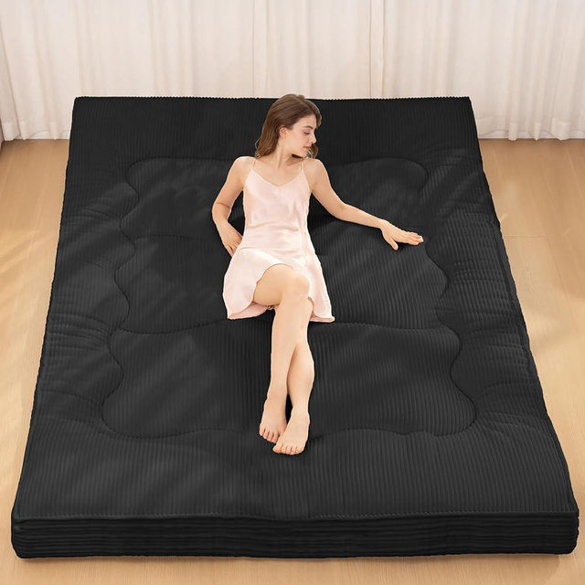 NLDD Japanese Floor Mattress, 4" Thicken Futon Mattress Full Size Sleeping Pad, Corduroy Foldable Floor Pad, Roll Up Tatami Mat for Adults Guest Room Bedroom, Black