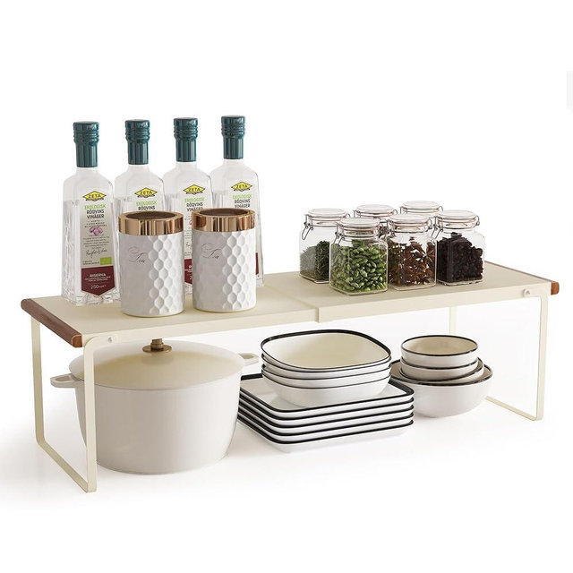 WILDMOS Expandable Kitchen Countertop Organizer Shelf,Cabinet Organizer Shelf,Metal Shelf Riser for Kitchen Storage Spice Rack,Cabinet Shelf for Pantry, Kitchen, Bathroom. (Cream White)