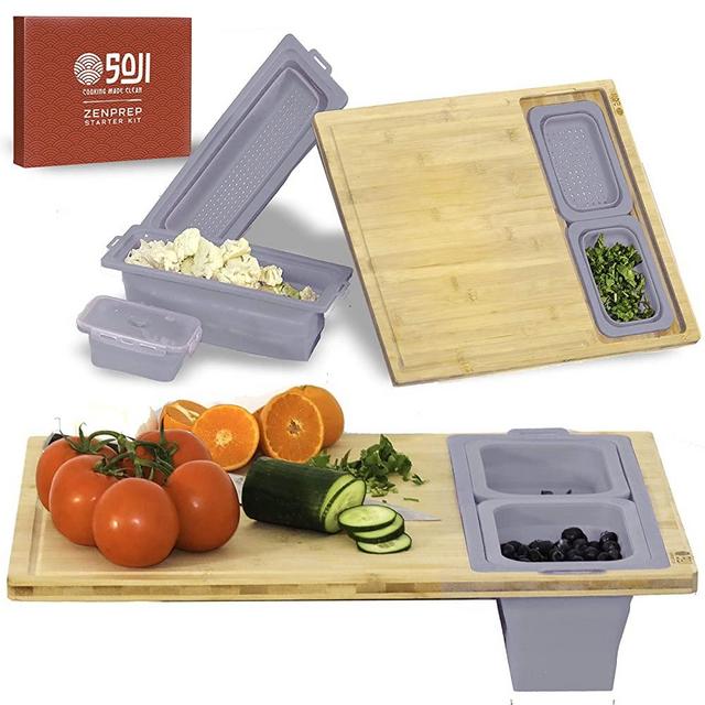 ZENPREP Bamboo Cutting Board with Containers - Collapsible Silicone Containers,Trays - Extra Large 15x20in Chopping Board with Juice Groove - Reversible Serving Board (Silver)