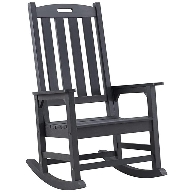 Psilvam Patio Rocking Chair, Poly Lumber Porch Rocker with High Back, 350Lbs Support Rocking Chairs for Both Outdoor and Indoor, Poly Rocker Chair Looks Like Real Wood (Black)