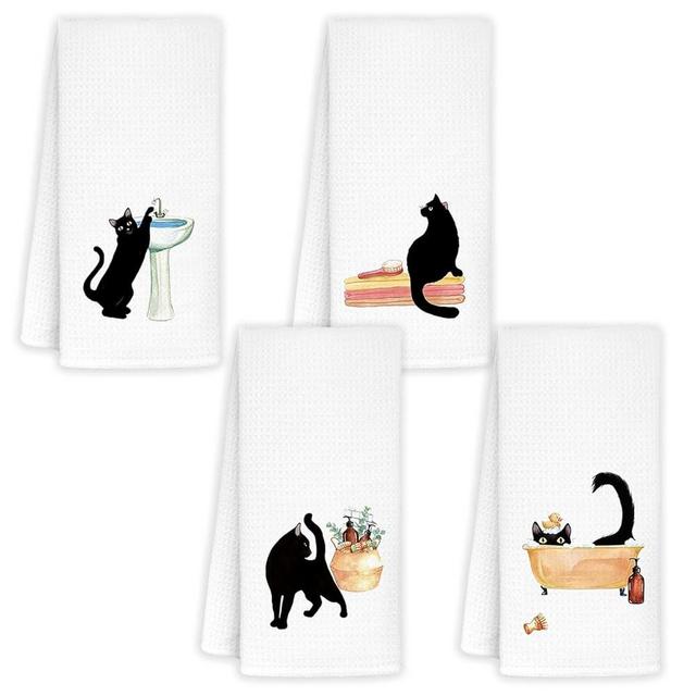 Jvpke Black Cat Hand Towels for Kitchen Set of 4,Cat Bathroom Decor,Black Cat Dish Towels,Cat Towel,Funny Cat Gifts for Cat Lovers Women,Cat Kitchen Home Decor,Cat Kitchen Towels 16×24 Inch