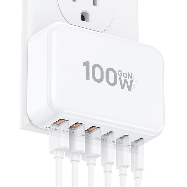 Fast Charger Block, GaN 6 Port USB C Charging Station Hub Cube, 100W Multiport Type C Wall Charger Power Strip Plug with PD 3.0+QC for iPhone 16 15 14 13 12 1 Pro Max XR XS 8 7, Samsung, iPad, Table