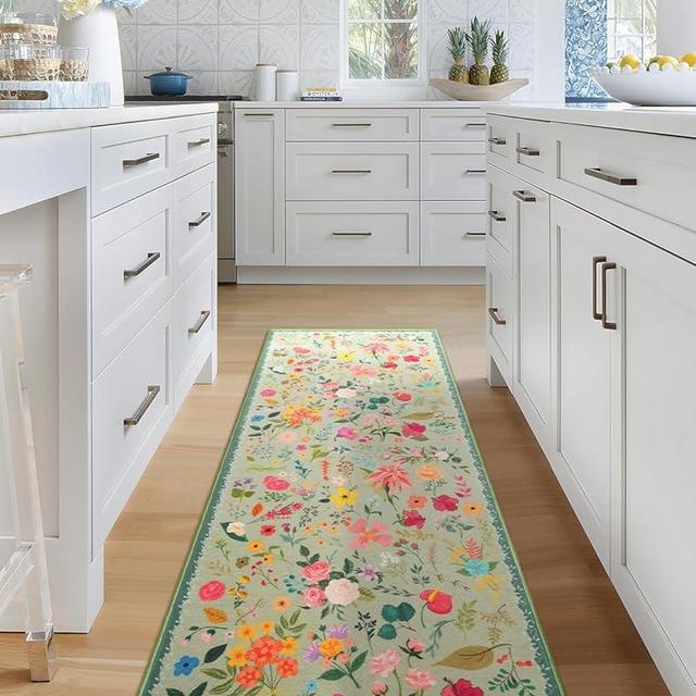 Boho Floral Runner Rug 2x6, Washable Non-Slip Kitchen Rug, Ultra Soft Vintage Carpet for Hallways, Kitchen, Bedroom, Bathroom (Green)