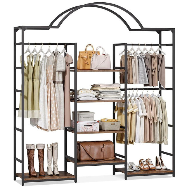 DWVO Heavy Duty Clothes Rack with Storage Shelves, Closet Organizer System for Hanging Clothes, 4-Tier Garment Rack Wardrobe with 3 Hanging Rods and 6 Shelves, Retro Black