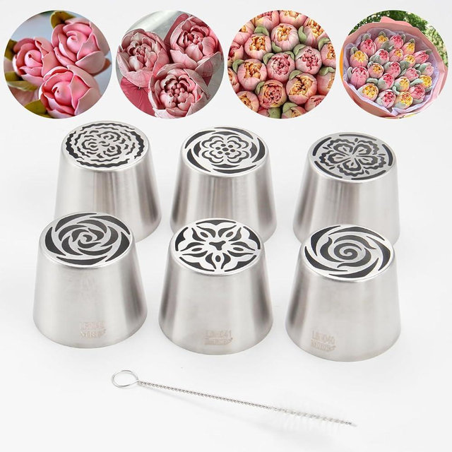 Extra Large Russian Piping Tip Set - 6 Stainless Steel Marshmallow Buttercream Framing Nozzles for 3D Roses Tulip Cake Decorations and Marshmallow Bouquets, Includes 1 Cleaning Brush(6B)