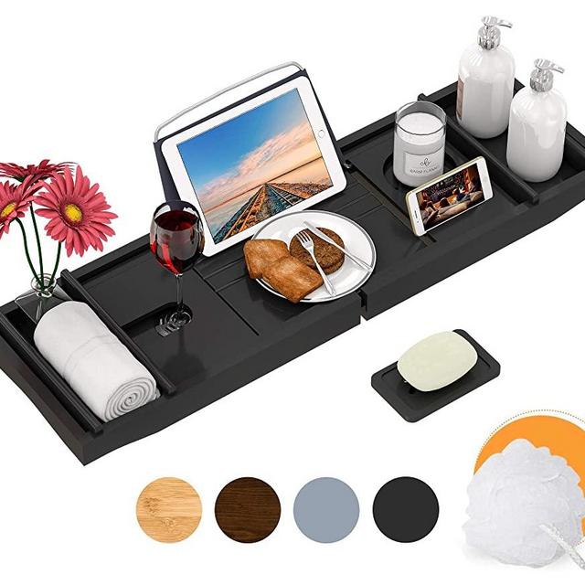 Domax Bathtub Caddy Tray Expandable Bamboo Tub Tray for Luxury Bath with Book Holder and Free Soap Dish (Black, 29.4"-44.2"x 9.1"x1.65")