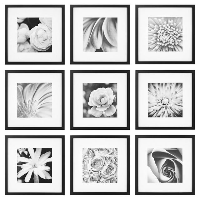 Gallery Perfect Black Square Photo Frame Gallery Wall Kit with Decorative Art Prints and Hanging Template
