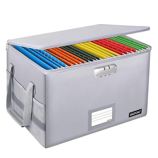 Fireproof Box with Lock,ENGPOW File Box Storage Organizer with Zippers,Collapsible Fireproof Document Box Filing Box with Handle,Portable Home Office Safe Box for Hanging Letter/Legal Folder,Silver